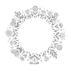 A wreath of stylized flowers, twigs, herbs. Hand drawn black line. Isolated objects on a white background. Image for your decor and design. Vector illustration. Decoration.