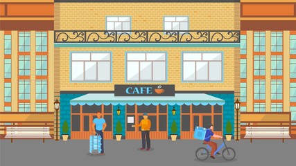 Coffee delivery flat vector illustration. Delivery man rides a bicycle with box. ourier with bottles stands near building with the inscription cafe. Express coffee delivery service.