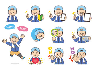 運動する男性バリエーション　初心者マーク　スマートフォン　タブレット　虫眼鏡　クレジットカード　ハート　OK　NO