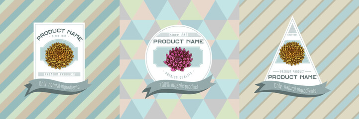 Three colored labels with illustration of dahlia