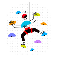 Vector creative illustration of man climbing on wall with stone on white background. Young happy sport male is training for health.