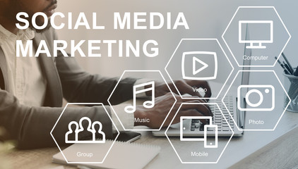 Social media marketing manager working on laptop in office, collage with SMM icons on transparent...
