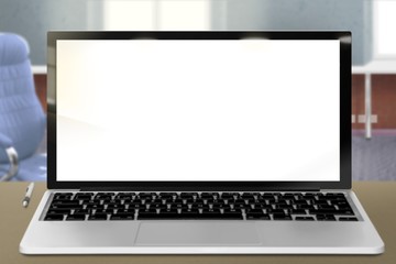 Fototapeta premium modern mock up made from real photography - notebook in the office with white empty screen