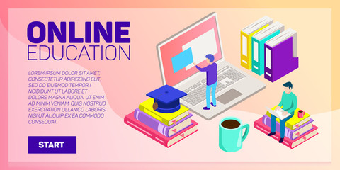 Isometric online education vector banner. E-learning. Imagination ad creativity.