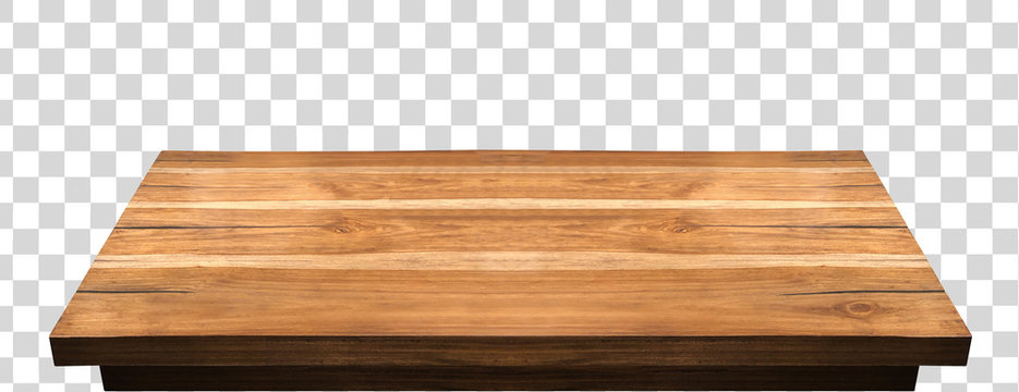 Perspective view of wood or wooden table top corner on isolated transparent background including clipping path