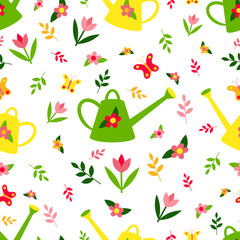 Watering can vector seamless pattern. Gardening tools seamless texture. Flowers, twigs and butterflies. Packaging, textiles, wrapping paper, wallpaper design. Isolated white background. Gardening.