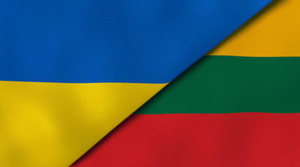 The flags of Ukraine and Lithuania. News, reportage, business background. 3d illustration