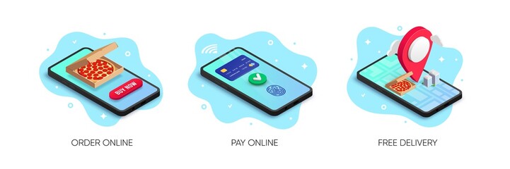 Mobile food delivery service isometric banner set with 3d pizza in box, map pointer, smartphone screen. Ordering, online payment, shipping concept. Vector illustration for web, ad, app, social media