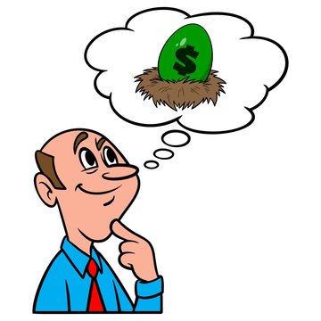 Thinking about a Nest Egg - A cartoon illustration of a man thinking about starting a retirement Nest Egg.