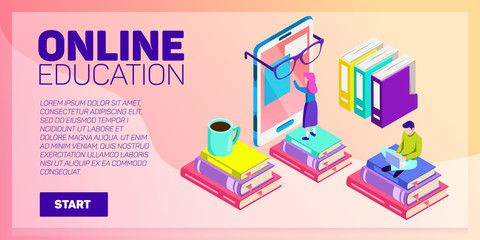 Fototapeta na wymiar Isometric online education vector banner. E-learning. Imagination ad creativity.
