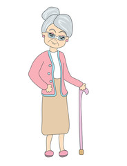 Old woman with cane, doodle isolated illustration