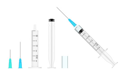 Realistic medical syringe constructor with needles, plunger, barrel and vaccine liquid.