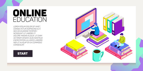 Isometric online education vector banner. E-learning. Imagination ad creativity.