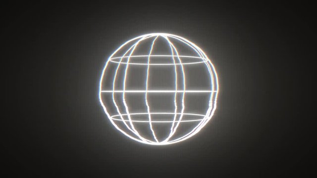 Wireframe Sphere Box With Glitch Vintage Fx/ 4k animation of an abstract minimal background with outlined cube logo spinning and glitch and twitch distorted textured effects