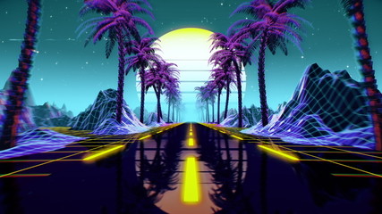 80s retro futuristic sci-fi background. Retrowave VJ videogame landscape with neon lights and low poly terrain grid. Stylized vintage cyberpunk vaporwave 3D render with mountains, sun and stars. 4K