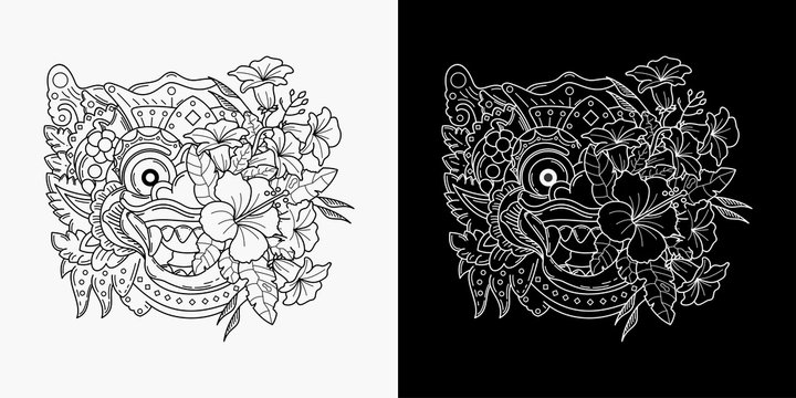 Barong Rangda monoline Tattoo Illustration Design, monoline design	