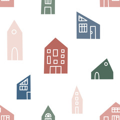 Seamless vector pattern with multi-colored houses. Hand drawn flat seamless background for cards, wrapping papers, posters. Isolation concept. Coronavirus pandemic concept, healthcare, quarantine