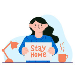 Stay Home Concept. Man Holding Sign with Advice. Flat Style Vector Illustration