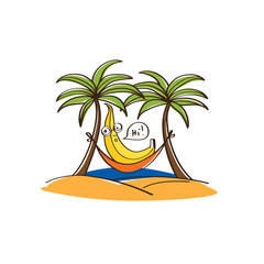 Hello summer. Cute banana in a hammock on beach under two palm tree. Vector.