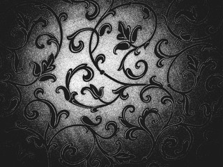 Fototapeta na wymiar Distress grunge vector texture of fabric with floral ornament and waves. Black and white background.