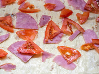 Pieces of shiny red tomatoes and ham lie neatly on a dough coated with mayonnaise