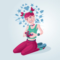 Gamer girl. Video game background. Woman holding a console game pad. Cartoon vector character.