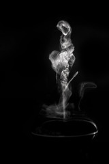 Abstract figures of white flowing steam from a diffuser on a black background.