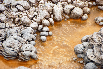 Abstract texture and patterns formed by both the thermophilic bacteria and mineral deposits from Yellowstone National Park's hot springs and geysers