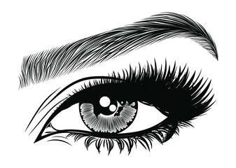 Obraz premium Illustration with woman's eye, eyelashes and eyebrow. Makeup Look. Tattoo design. Logo for brow bar or lash salon.