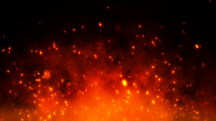 Fire embers particles over black background. Fire sparks background. Abstract dark glitter fire...