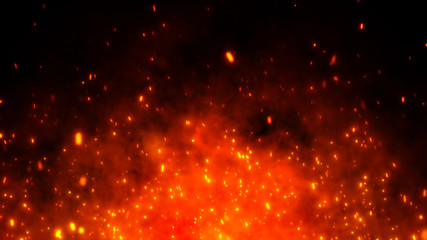 Fire embers particles over black background. Fire sparks background. Abstract dark glitter fire particle lights.