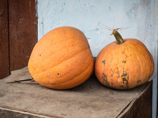 Two orange pumpkins on a table outside a peasant house