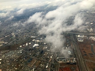 Aerial birds eye view of Elizabeth & Newark, New Jersey (United States of America) close to EWR...