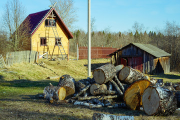 
a large pile of un chopped firewood near a wooden house in the yard