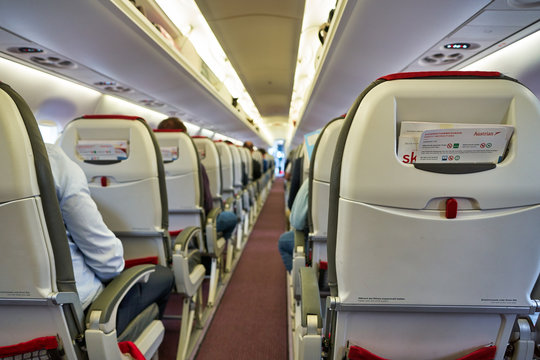 VIENNA, AUSTRIA - CIRCA MAY, 2019: interior shot of Austrian Airlines Embraer ERJ-195LR.