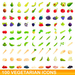 100 vegetarian icons set. Cartoon illustration of 100 vegetarian icons vector set isolated on white background