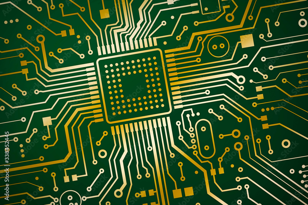 Aufkleber Information technologies. Microchip on circuit board, top view. Illustration