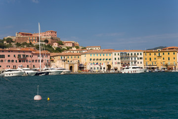 Colorful buildings and harbor of Portoferraio, Province of Livorno, on the island of Elba in the Tuscan Archipelago of Italy, Europe, where Napoleon Bonaparte was exiled in 1814