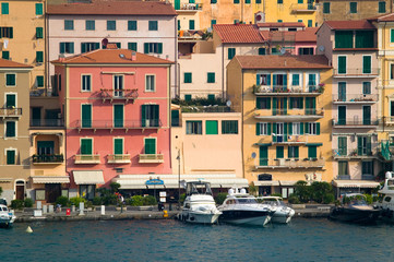 Colorful buildings and harbor of Portoferraio, Province of Livorno, on the island of Elba in the Tuscan Archipelago of Italy, Europe, where Napoleon Bonaparte was exiled in 1814