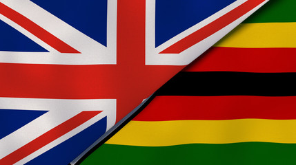 The flags of United Kingdom and Zimbabwe. News, reportage, business background. 3d illustration