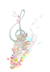 Abstract treble clef decorated with summer and spring flowers, notes. Hand drawn vector illustration.