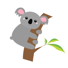 Koala bear face head on the tree branch. Cute cartoon funny baby character. Gray silhouette. Kawaii animal. Notebook cover, t-shirt print. Love Greeting card. Flat design. White background. © worldofvector