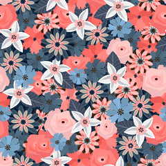 Carpet of various flowers texture. Vector seamless pattern.