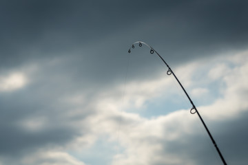 Bent fishing rod in front of a cloudy sky