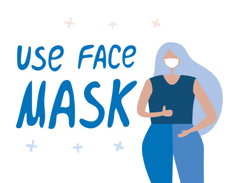 Girl or young woman in face mask and text as a concept for the prevention of virus and flu, flat stock vector illustration with blue lettering isolated on white background as a respiratory protection 