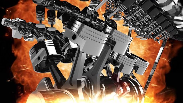 CG animation of a working V8 engine with start stop button. Pressing the button to start the car engine. Then camera zooming to a moving v8 engine in flames.
