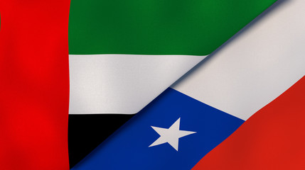 The flags of United Arab Emirates and Chile. News, reportage, business background. 3d illustration