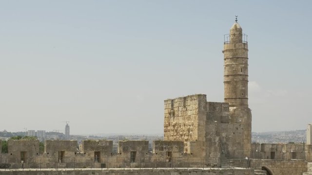 JERUSALEM, ISRAEL - MAY 18, 2016: Ottoman minaret in the Tower of David and new city in the background