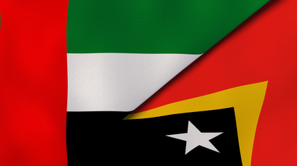 The flags of United Arab Emirates and East Timor. News, reportage, business background. 3d illustration