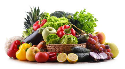 Composition with assorted organic vegetables and fruits